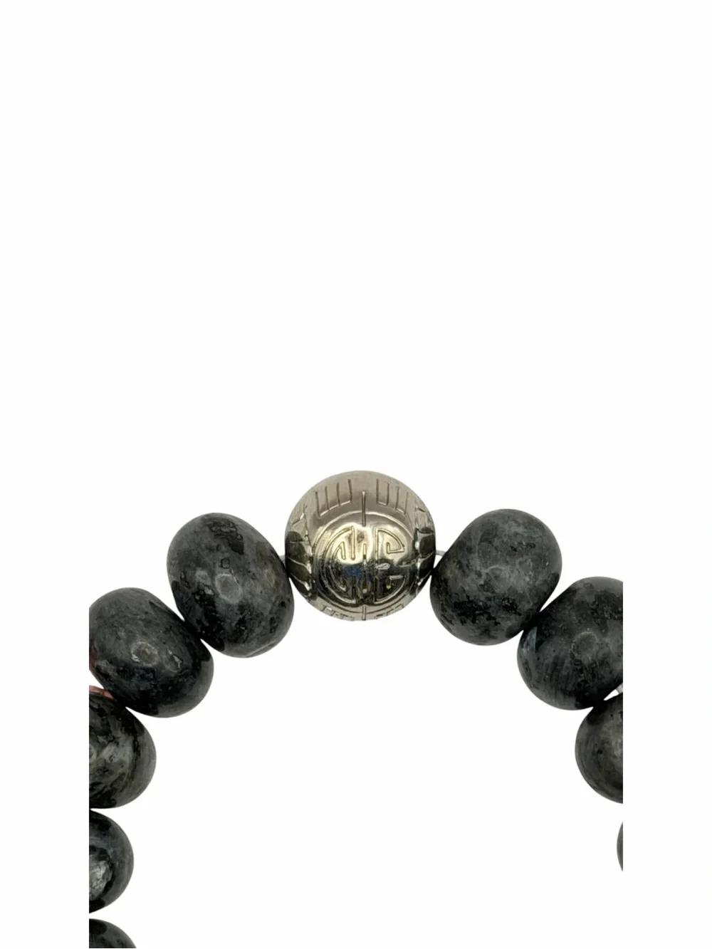 Vintage Gray Larvikite-Like Stone Stretch Bracelet Chunky Silver Tone Beaded